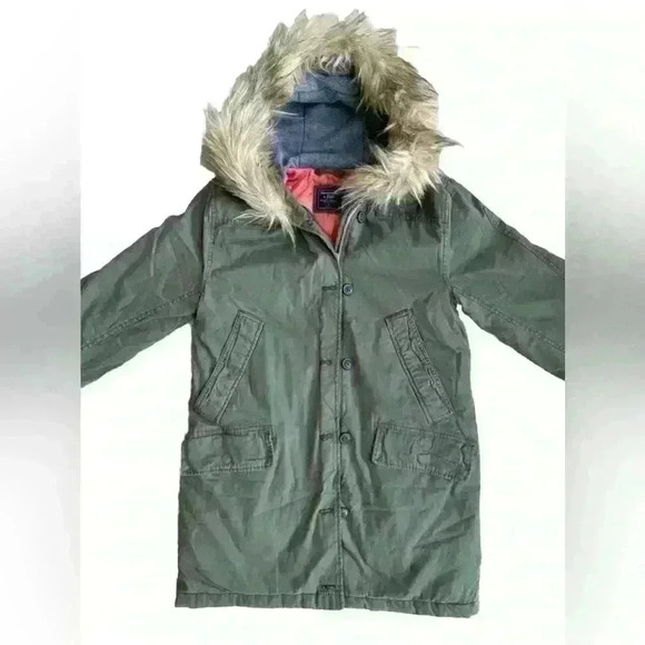 Abercrombie & Fitch Womens Olive Faux Fur Hooded Parka Military Jacket Small - Picture 2 of 12